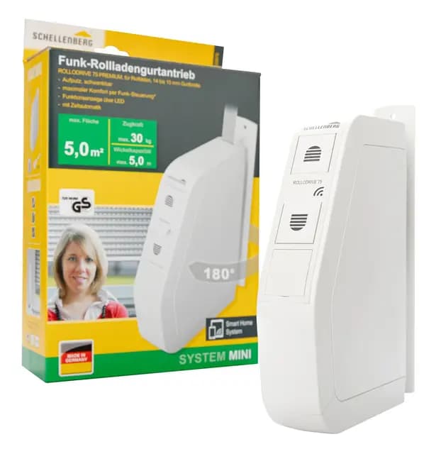 Schellenberg 22576 Elektrischer Gurtwickler mit Funk RolloDrive 75 Premium, geeignet für Smart-Home, Funkgurtwickler bis 5 m² Rollladenfläche, 30 kg Zugkraft, Unterputz-Montage, inkl. Netzstecker