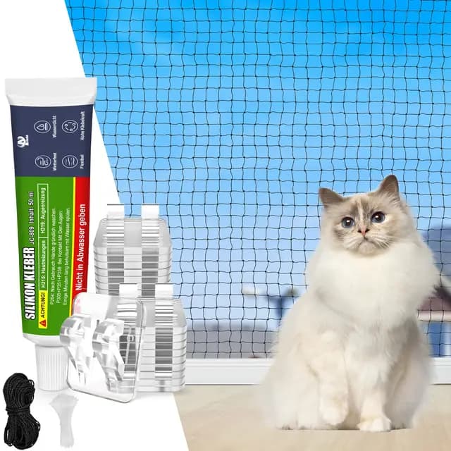 Aystkniet Katzennetz für Balkon Ohne Bohren inlk. Klebehaken & Silikonkleber, 3×2M |4x2M |5×2M |6x2M |8x2M |10x2M |4x3M |6x3M |8x3M |10x3M |12x3M |16x3M Katzennetz Drahtverstärkt, UV-beständig – Bild 1