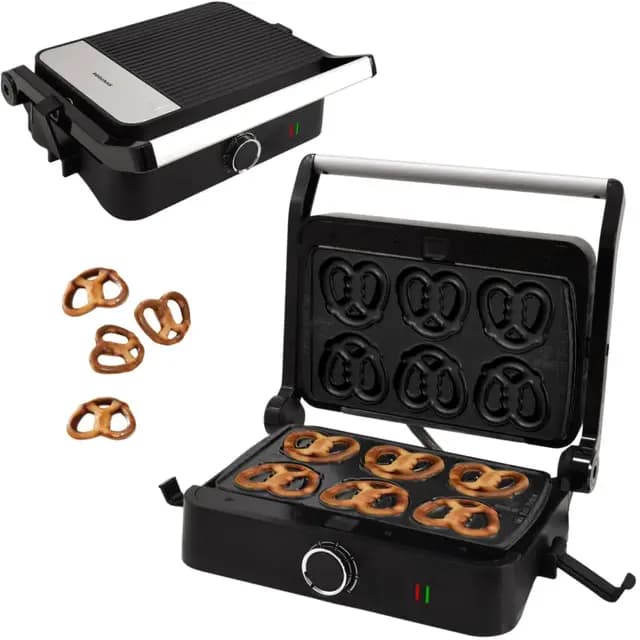Syntrox Mini Brezel Kombigerät Multifunktionsmaker mit Wechselplatten, Kontaktgrill Edelstahl, Multifunktions Sandwichmaker, mit austauschbaren Platten, multifunktionales Küchengerät