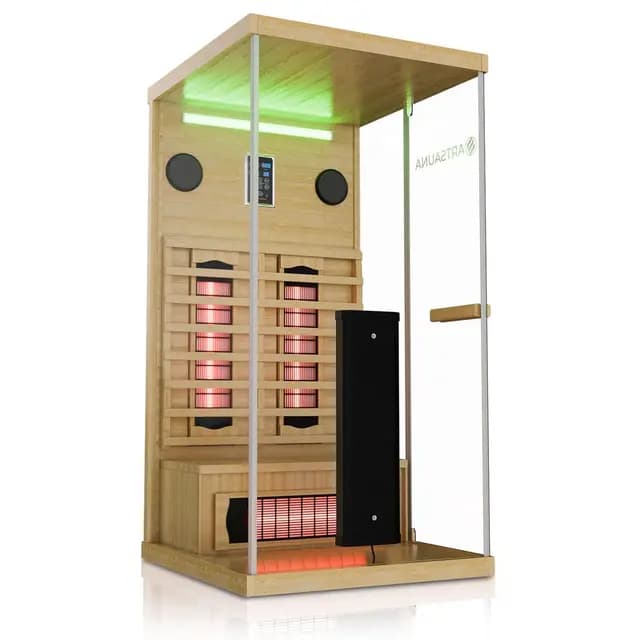 Artsauna Infrarotkabine Göteborg 90 – Natur, Wärmekabine mit Vollspektrumstrahlern, Hemlockholz & Sicherheitsglas, LED-Beleuchtung