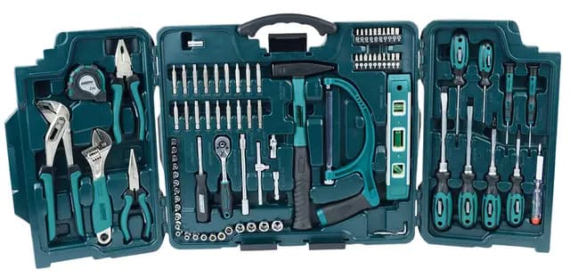 Brüder Mannesmann Haushalts-Werkzeugkoffer, 89-teilig - Universal-Werkzeugset mit Werkzeug aus Chrom-Vanadium-Stahl - inkl. Säge, Hammer, Zangen, Steckschlüssel, Umschaltknarre & Wasserwaage | M29085