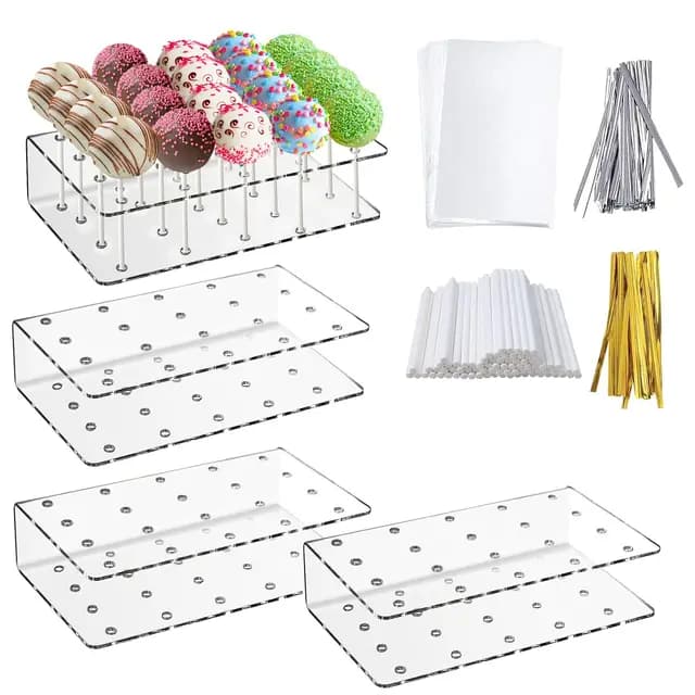 4 Stück Cake Pop Ständer, 20 Löcher Acryl Lollipop ständer mit 100 Cake Pop Stielemit & 100 Lollipop-Tüten & 100 Twist Krawatten für Hochzeit Geburtstag Halloween Dessert Tisch Party Deko