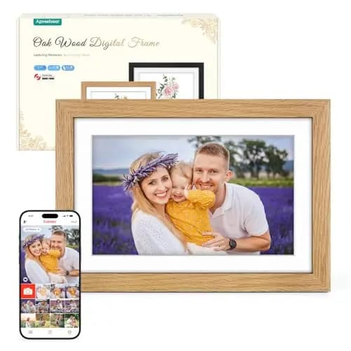 Digitaler Bilderrahmen Holz WLAN mit 32GB Speicher, 10.1 Zoll Elektronischer Bilderrahmen 1280*800 IPS Touchscreen, Fotos/Videos sofort über Frameo APP Teilen, Geschenke für Frauen Männer, Eichenholz