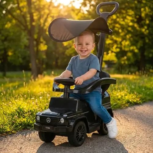 Actionbikes Motors Lauflernwagen Mercedes G350d | Rutschauto mit Schiebestange Schutzbügel Sonnendach - Kinderauto - Rutschfahrzeug - Laufrad - Gehwagen - Kinderfahrzeuge ab 1 Jahr (Schwarz 3in1)