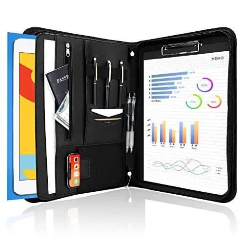 ProCase A4 Schreibmappe PU Kunstleder Konferenzmappe Portfolio mit Reißverschluss Klemmbrett Notizblock Business Dokumentenmappe, leichtes, langlebiges Material- Schwarz
