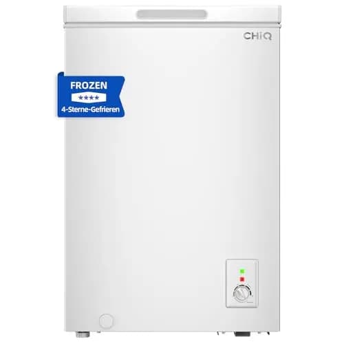 CHiQ Gefriertruhe 99 L, Schnelleinfrierfunktion, mit LED|54,5 x 47,6 x 83,5 cm, leises 39 dB, Hubtor|4-Sterne-Gefrieren, -24°c, Freistehend Tischgefrierschrank für Garagen, Gewerbeflächen, Weiß