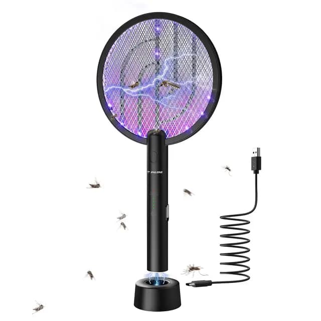 PALONE Elektrische Fliegenklatsche, 4000V Wiederaufladbar Insektenvernichter UV Elektrischer Mückenklatsche USB Fliegenfänger Insektenfalle mit Basis - Schwarz