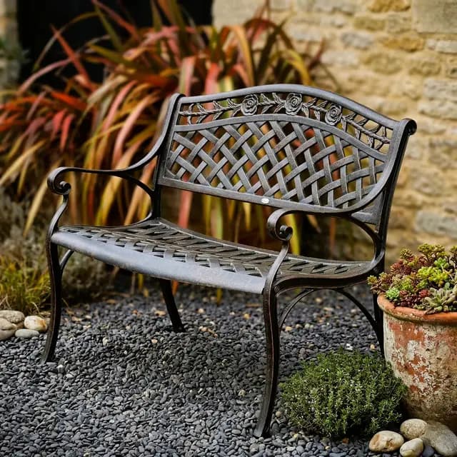 Lazy Susan Rose Metall-Gartenbank | 2-Sitzer wetterfeste Aluminium-Gartenbank | Gussaluminium, rostfrei | 3 Jahre Garantie (Antik Bronze)