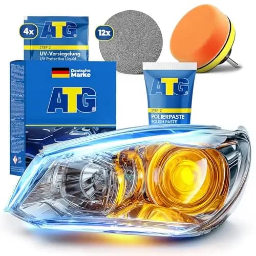 ATG® Scheinwerfer Aufbereitung Set – Scheinwerfer Polierset für matte & vergilbte Kunststoffscheinwerfer, inkl. Schleifpapier, Polierpaste & UV-Versiegelung