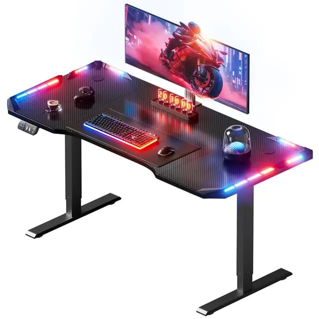 HLONONE Höhenverstellbarer Schreibtisch 120 x 60 cm, Gaming Tisch mit LED, Elektrischer Schreibtisch, Steh-Sitz Tisch mit Kohlefaseroberfläche, Elektrisch Computertisch mit Funktions-Memory, Schwarz