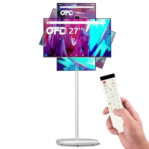 OFD 27" FHD Smart Portable TV,Rolling TV mit Rädern,Android 15 OS,6GB + 128GB Speicher,Tragbarer Touchscreen Monitor,13MP Kamera,Eingebauter Akku,60Hz Bildwiederholrate,Sprachfernbedienung