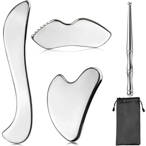 Gua Sha Stein Gesichtswerkzeug, Gua Sha Stein Set, Edelstahl Guasha Gesichts-Werkzeuge für Jawline Sculpting, Metall Lymphdrainage Massageschaber für Gesicht, Augen, Hals, Körper, mit Aufnahmebeutel
