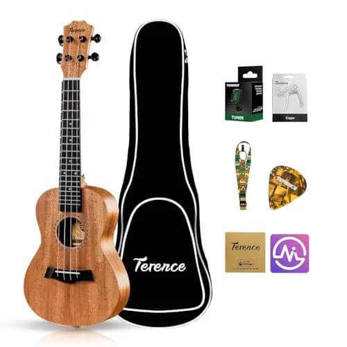 TERENCE Sopran Ukulele 23 Zoll Mahagoni Ukelelele für professionelle Anfänger Erwachsene Ukulele Kit mit Stimmgerät, Kapodaster, Aufbewahrungstasche, Gurt, Plektren, Nylon-Saite & Tuch