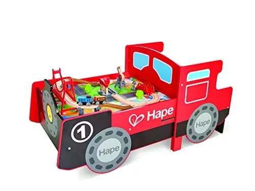 Hape Aufklappbarer Eisenbahntisch | Eisenbahn Spielset aus Holz | Verstaubarer Tisch | Sounds & Lichter | Zubehör | ab 3 Jahren