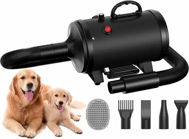 Hundefön Blower Sehr Leise 4.5 PS / 3200W Motor Einstellbare Geschwindigkeit, Hundepflege-Trockner-Gebläse mit 4 verschiedenen Düsen elastischem Schlauch und Pflegebürste…