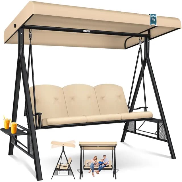 KESSER® Hollywoodschaukel mit Sonnendach 3-Sitzer & Sitzpolster-Auflage | Gartenschaukel bis 360kg belastbar | Gartenliege mit Anti-Rutsch-Füßen | Schaukelbank wasserabweisend für Outdoor & Indoor