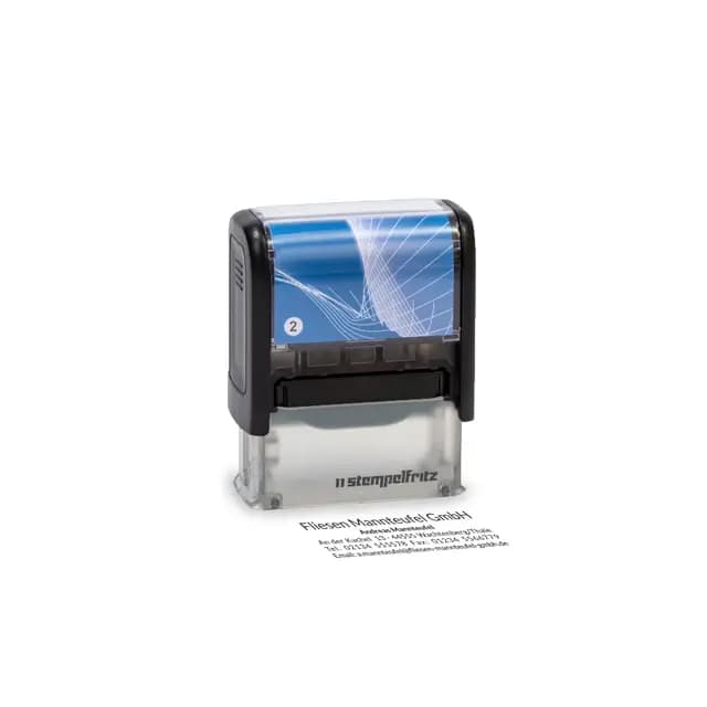 Selbstfärbender Stempel stempelfritz Gr.2 direkt hier Erstellen – personalisierter Firmenstempel, Adressstempel, Namensstempel oder Familienstempel – Gehäuse Schwarz-Blau, 47x18mm, max. 5 Zeilen