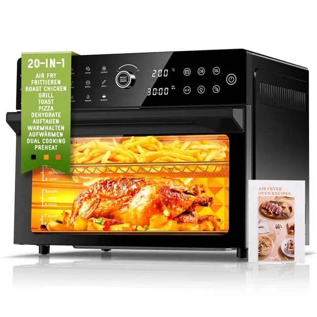 30L Heißluftfritteuse XXL Minibackofen mit LED-Touchscreen, Minibackofen mit Umluft mit 20 Programmen und Zwei Kochmodi, 1800W Heissluftfritteuse Air Fryer Oven ohne Öl, 8h Timer, Rezeptbuch,7 Anhänge