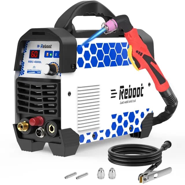 Plasmaschneider 60A, Nicht-berührender Pilotbogen, IGBT-Technologie, 240V, Max. Schnitttiefe 16mm, Sauberer Schnitt 10mm, inkl. Verbrauchsmaterialsatz – Ideal für Stahl, Edelstahl, Kupfer,RBC6000L