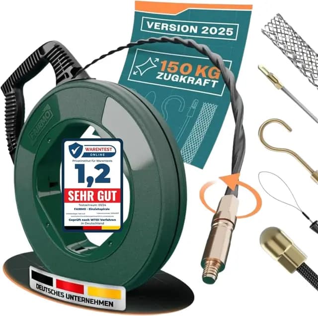 Die durchdachte Einziehspirale 30M für Leerrohre von FAIRMO - 4mm PET Zugdraht inkl. 5 Adapter - Kabeleinziehhilfe bruchsicher zum Ziehen - Einziehfeder für effektives Arbeiten - Einzugshilfe Kabel