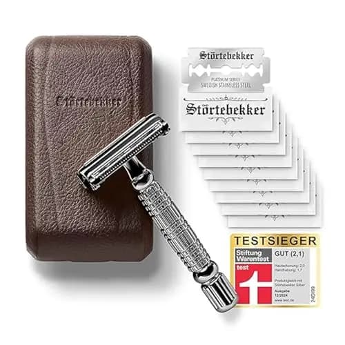 Störtebekker Premium Rasierhobel Set mit 10 Klingen & Leder-Etui