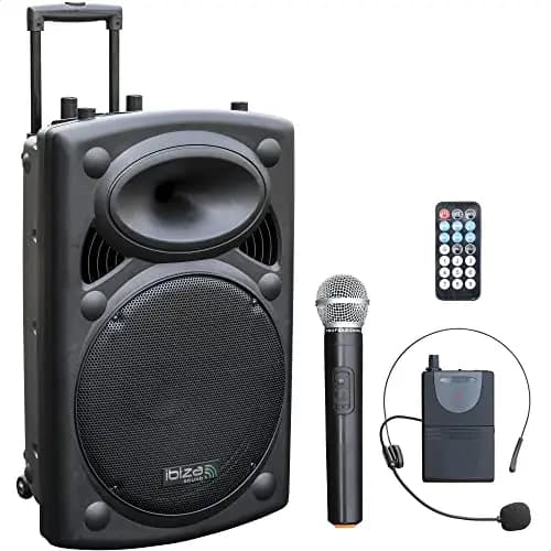 Ibiza - PORT15VHF-BT - Tragbarer Lautsprecher 15"/800W MAX mit 2 Mikrofonen (VHF), Fernbedienung und Schutzhülle - Bluetooth, USB, SD - 6 bis 8 Std. Betriebsdauer