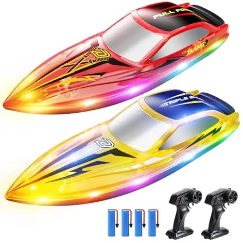 DEERC 2er-Pack RC Boote für Kinder,ferngesteuertes Boot mit 4*1200-mAh-Akkus, 120Min Laufzeit, 7 LED-Beleuchtungsmodi, Kenter-Wiederherstellungsfunktion, 2,4-GHz-Fernsteuerung, ideal für Pool und See.