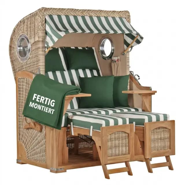 MR. DEKO® Strandkorb Düne Teak 2-Sitzer Bullauge | PE Geflecht Shell | Volllieger Strandstuhl verstellbar | inkl. 4 Kissen Wechselpolster | Strandkörbe fertig montiert aus Teakholz | Dessin 561
