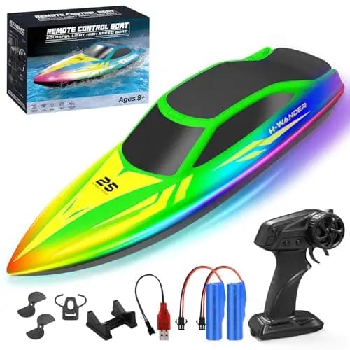 WUQNGI Ferngesteuertes Boot mit 2 Batterien, RC Speedboot für Kinder & Erwachsene, High Speed Motorboot ab 6 Jahre, Wasserboot mit LED-Licht, 2,4 GHz Rennboot Spielzeug Geschenk für Pool Meer Seen