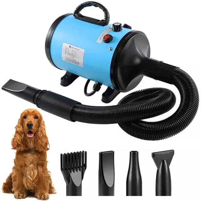 Hundefön Hundetrockner 2800W Profi Haartrockner Hunde Blower Hundefön Einstellbare Geschwindigkeit Hundefön sehr leise Pet Dryer Haustier Hundepflege -Trockner-Gebläse mit 4 Düsen und Schlauch (Blau)