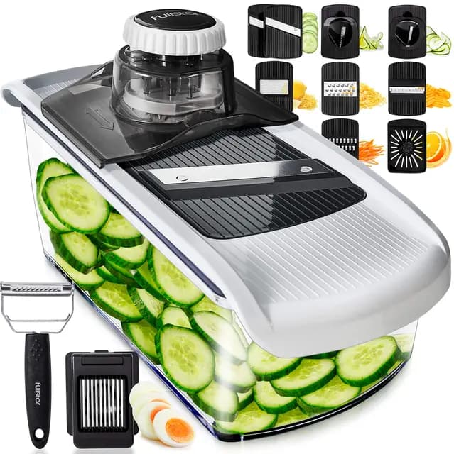 Fullstar Mandoline Gemüsehobel und Gemüsereibe - Küchenhobel Dünne Scheiben für Gemüse Gurken Karotten Kartoffeln Früchte - Küchenreibe für Käse - Küchenzubehör und Küchengeräte (11-in-1)