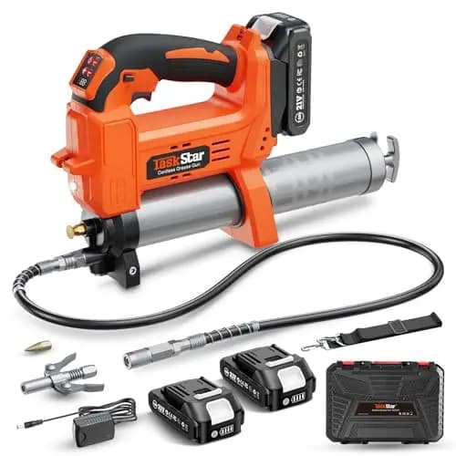 TaskStar 10000 PSI Akku Fettpresse: Verbesserte Fettpresse mit Automatischer Fettmengenregulierung, 2 x 2,0AH Batterien, 3 Kupplungen - 4,6 oz/min Effizient für Traktoren, LKWs und Maschinen – Bild 1