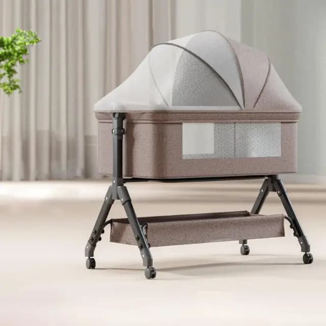 Beistellbett Baby,3 in 1 Babybett,Höhenverstellug und Einstellung der Neigung der Matratze,4 Räder mit Bremse,mit Zubehör,Tasche,Moskitonetz(Khaki)