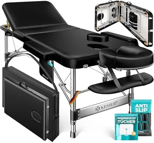 KESSER® Massageliege 3 Zonen bis 250kg, Massagetisch klappbar, verstellbar, tragbarer Koffer, Kosmetikliege, Therapieliege, Zubehör, Alu-Kopfstütze, Armlehne, Tragetasche, Anti Rutsch, 60cm, Schwarz