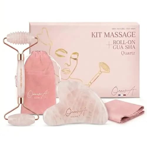 Rosenquarz Gesichtsroller und Gua Sha Stein Set - 2-in-1 Face Roller (Glatt & Akupunktur) für Gesichtsmassage - Guasha Massageroller zur Lymphdrainage & Reduziert Schwellungen [OanovA]