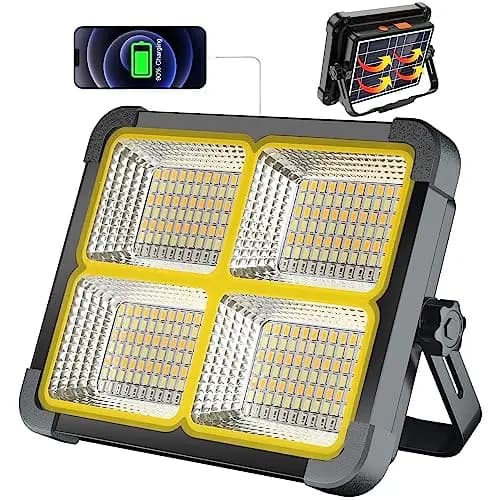 100W LED Baustrahler Akku mit Solar, 10000LM wiederaufladbare Arbeitsleuchte mit 12000mAh Akku, 4 Lichtmodi, Tragbar Campinglampe für Baustelle, Garage, Angeln oder als Notfalllicht