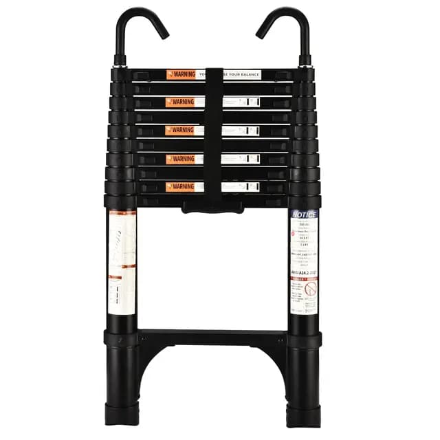 HBTower 3,2m Teleskopleiter Aluminium mit Haken, Leichte Ausziehleiter, Leiter Ausziehbar, klappbare Leiter für Dachböden, Caravans, 150kg Tragfähigkeit, Schwarz