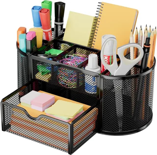 Schreibtisch Organizer,stiftehalter schreibtisch,Mesh Metall Desktop Büro Organizer mit 8 Stifthaltern und 1 Schublade,Es Platz zu Hause, in der Schule oder im Büro sparen. (Schwarz)