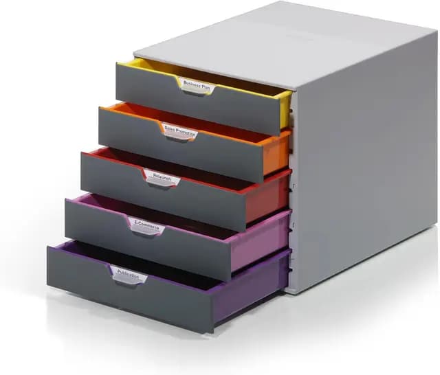 Durable Schubladenbox A4 (Varicolor) Ablagebox 5 Fächer, Ablagebox A4 mit Etiketten zur Beschriftung, mehrfarbig, 760527