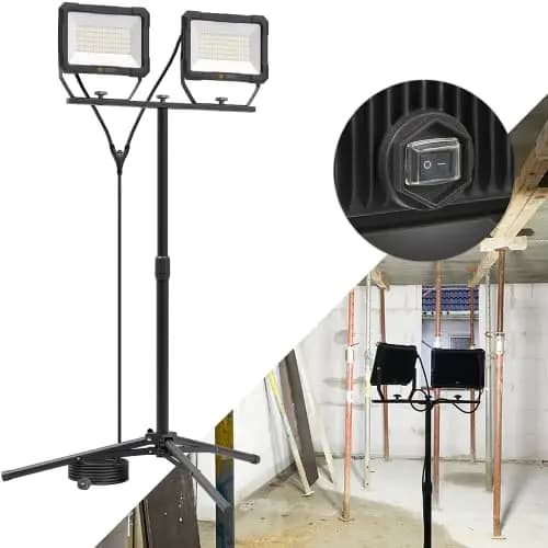 Northpoint LED Blackline Baustrahler Arbeitsstrahler mit Stativ Fluter Strahler 200W (2x 100W) Leistung 16000 Lumen Lichtstrom 167cm Stativ 5m Zuleitung AN/AUS Schalter