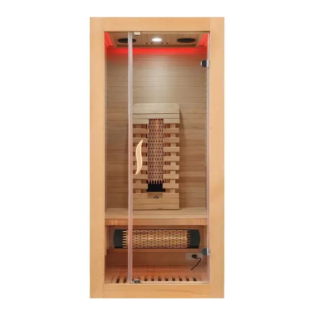 SANOTECHNIK Infrarotkabine MALMÖ 1 – 1 Person Infrarotsauna 90×90×190cm | 4 Vollspektrumstrahler + Carbon-Heizplatte, LED-Farblicht, Bluetooth-MP3, 8 mm ESG-Glas – Art.Nr.: SB10090