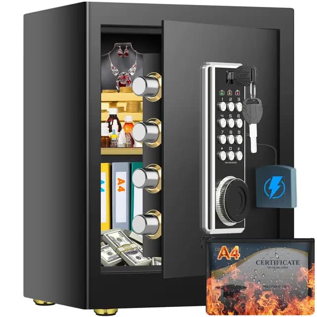 45L Großer Feuerfester Tresor Safe mit Feuersichere Dokumententasche, Digitaler Möbeltresore mit 2 Schlüssel & Herausnehmbarem Regal, Elektronischer Tresor für DIN A4 Ordner Bargeld Medikamente