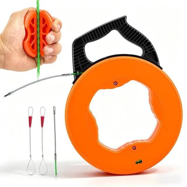 Kabeleinziehhilfe 50M,Einziehspirale Mit 1 Kabelzieher,2 Kabelbündeler,Kabel Einzugshilfe,Mit Aufbewahrungsbox,4.5mm Einziehfeder Für Kabel & Elektroarbeiten,Zum Ziehen Orange
