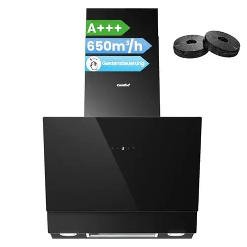 COMFEE' CH60J72ET6A3B A+++ Dunstabzugshaube 60 cm, 650m³/h Luftstrom, Kopffreihaube 60cm Umluft und Abluft, Touchscreen, Gestensteuerung, 4 Geschwindigkeiten, LED, Schwarz