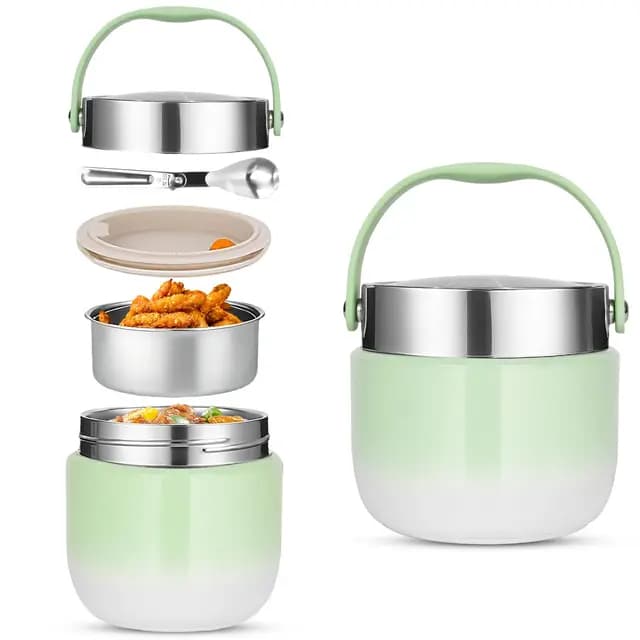 Thermobehälter für Essen 1200ml,Warmhaltebehälter Essen mit Faltbaren Löffel, Thermoschüssel mit Deckel,Thermo Lunchbox Geeignet für die Lagerung von Mehl, Suppe, Mittagessen, Käse (Grün)