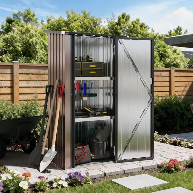 Aoxun 3'x2' Metall-Gerätehaus mit 2 verstellbaren Regalböden, Kleiner abschließbarer Werkzeugschrank für Garten, Terrasse & Hof, Braun