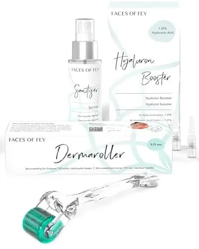 FACES OF FEY Microneedling Starter Set – Dermaroller 0,25 mm mit ECHTEN 192 Nadeln + 7er Hyaluron Ampullen mit Hochkonzentriertem Serum + Sanitizer