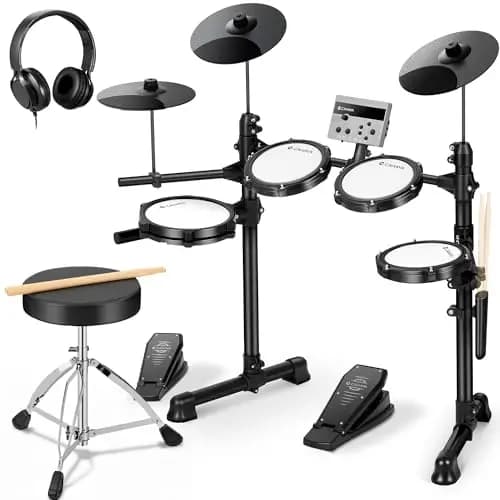 CAHAYA Elektronisches Schlagzeug für Anfänger – Tragbares E-Drum Set mit 150 Sounds, 15 Drumkits, 2 Pedalen, 2 Drumsticks, Kopfhörer, Hocker, USB/MIDI-Kompatibilität für Kinder & Erwachsene
