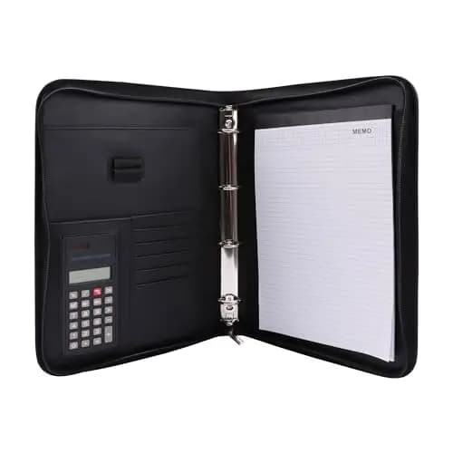Genie Exclusiv A4 Schreibmappe mit Ringbuch, Taschenrechner, Reißverschluss, inkl. A4-Schreibblock, Lederoptik schwarz