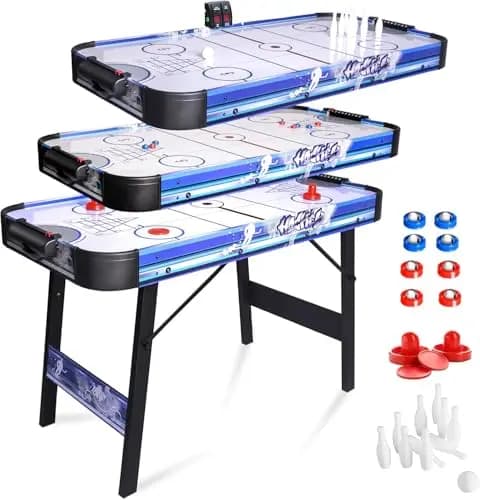 Klappbarer Airhockey Tisch 122cm mit Luftkissen-Effekt - 3-in-1 Spiel für Familie: Hockey, Bowling, Shuffleboard - Scoreboard, 2 Pucks + Schläger - Zuhause Freizeit Geschenk